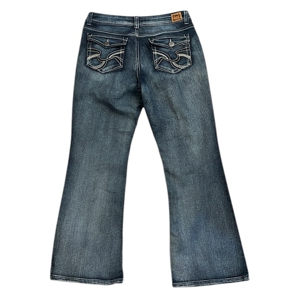 Y2K LEI Sophia Hipster Flare Jean Blue Embroidery Whispered Flap Pockets 13S/29L - Picture 11 of 13